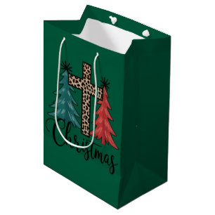 Leopard Cross Christmas Trees Christian Medium Gift Bag