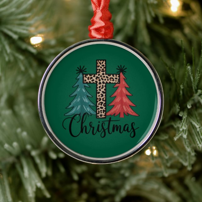 Leopard Cross Christmas Trees Christian  Metal Ornament (Tree)