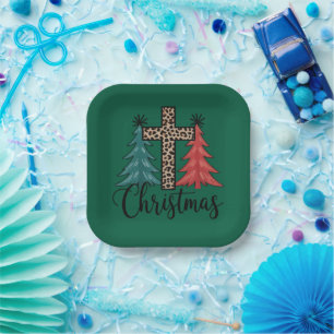 Leopard Cross Christmas Trees Christian  Paper Plates