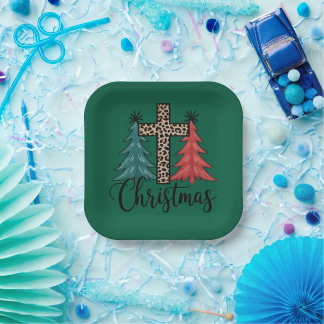 Leopard Cross Christmas Trees Christian  Paper Plates (Party)