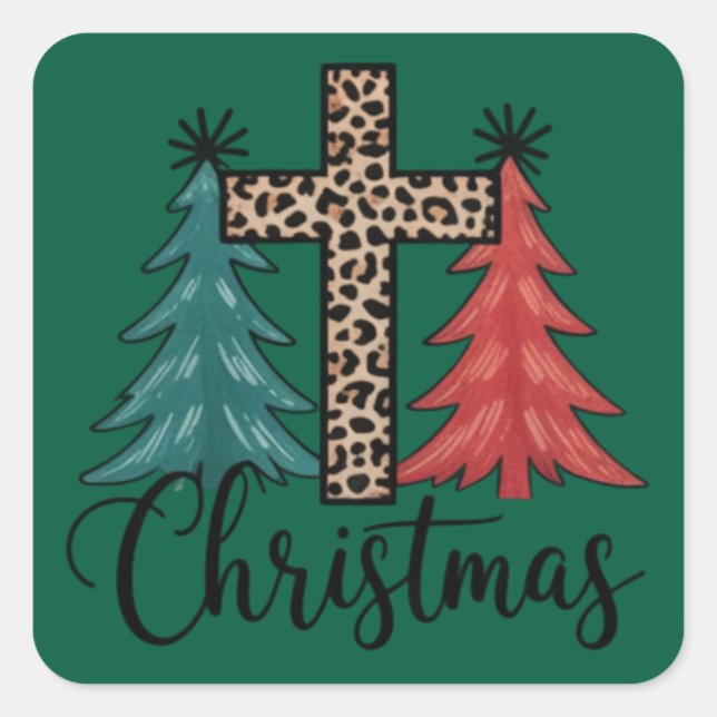 Leopard Cross Christmas Trees Christian  Square Sticker (Front)