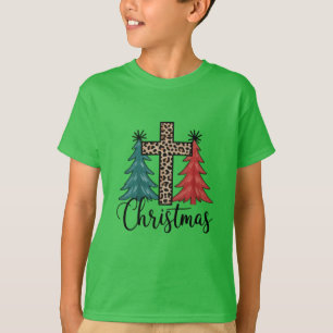 Leopard Cross Christmas Trees Christian  T-Shirt