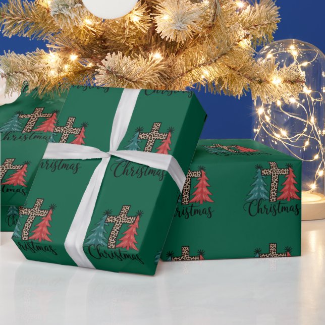 Leopard Cross Christmas Trees Christian  Wrapping Paper (Holidays)