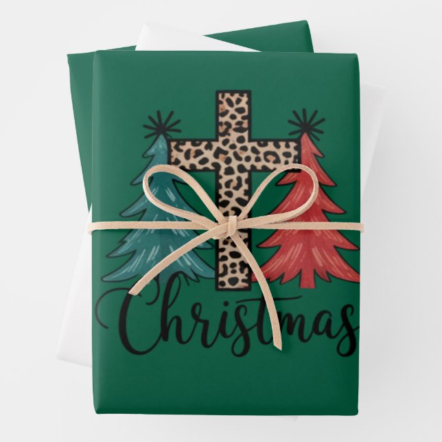 Leopard Cross Christmas Trees Christian  Wrapping Paper Sheets (In situ)