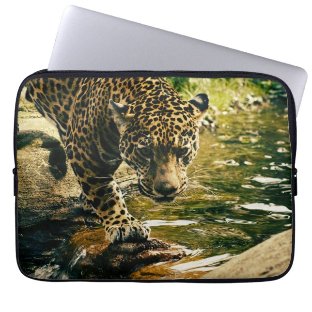 Leopard Crossing a Stream Photograph Laptop Sleeve (Front)