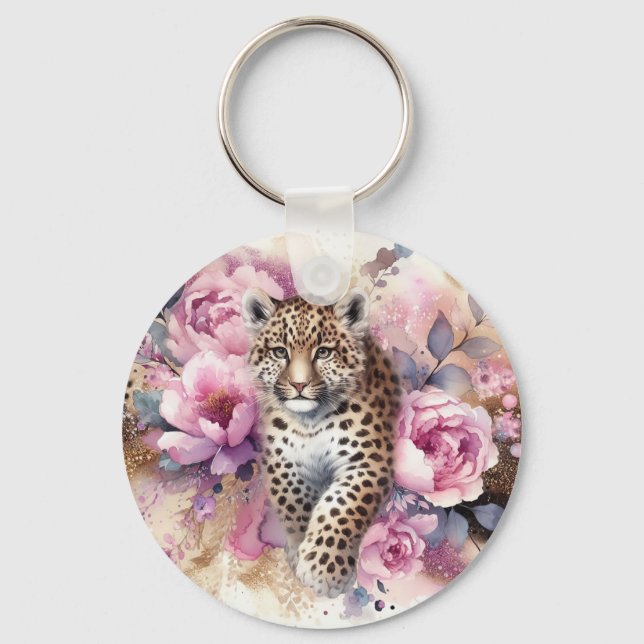 Leopard Cub & Roses Keychain (Front)