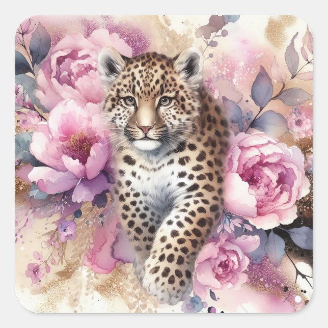Leopard Cub & Roses Square Sticker (Front)