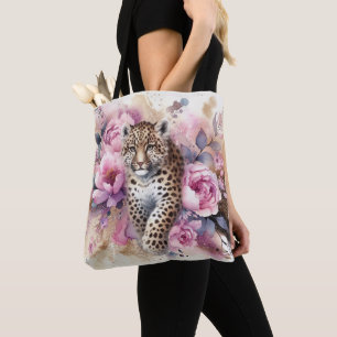 Leopard Cub & Roses Tote Bag