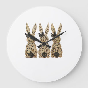 Leopard Cute Bunny Bow Funny Christian Easter Day Large Clock