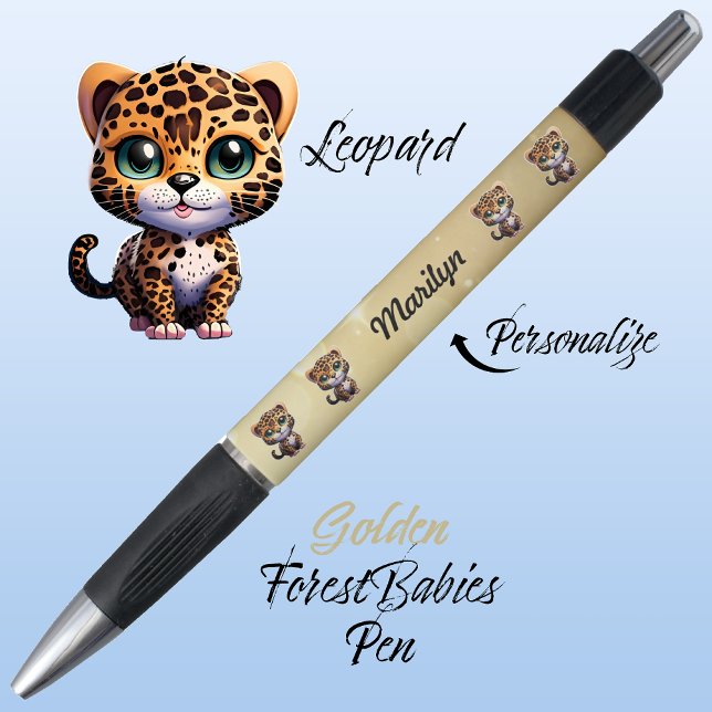 Leopard, Cute Unique Whimsical Cat Graphic Gold Pen (Cute Whimsical Leopard Cartoon Graphic, Gold Customizable ForestBabies Pen 🐆)