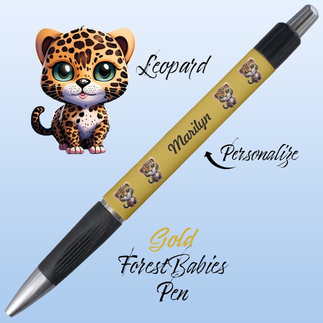 Leopard, Cute Unique Whimsical Cat Graphic Gold Pen (Cute Whimsical Leopard Cartoon Graphic, Gold Customizable ForestBabies Pen 🐆)