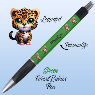 Leopard, Cute Unique Whimsical Kitty Cat Green Pen