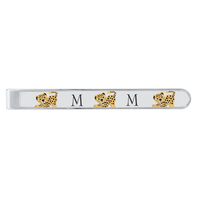 Leopard Design Monogrammed Silver Finish Tie Bar (Front)