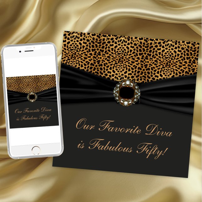 Leopard Diva Womans Fabulous 50th Birthday Party Invitation (Elegant leopard jewel any occasion invitation. Instant download and printed invitations available.)