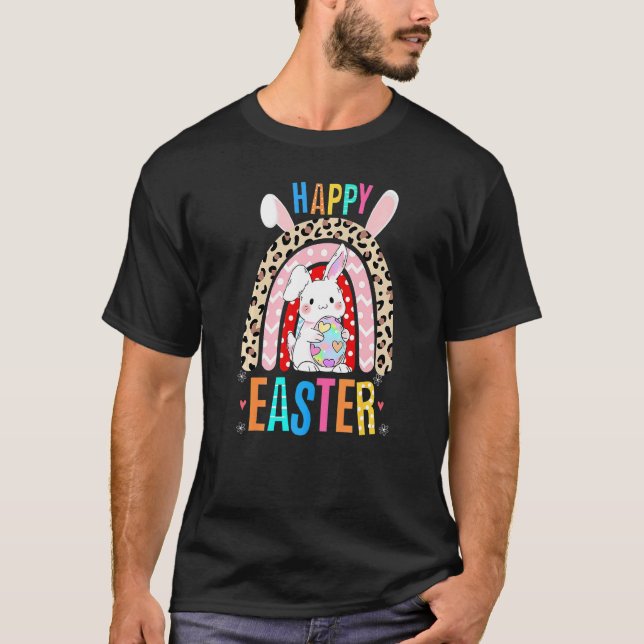 Leopard Easter Rainbow Bunny Rabbit Trio Cute Happ T-Shirt (Front)