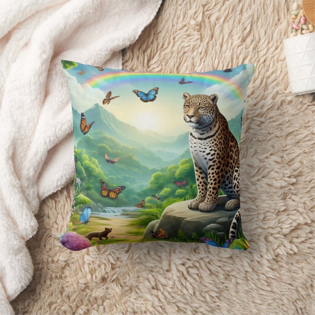 Leopard Elegance: Colorful Jungle Escape Throw Pillow (Blanket)