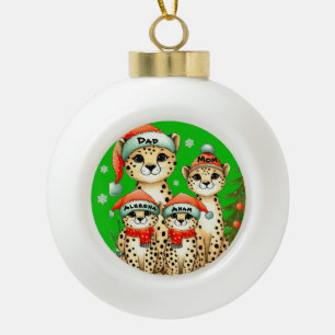 Leopard Family of Four Add Name Ceramic Ball Christmas Ornament