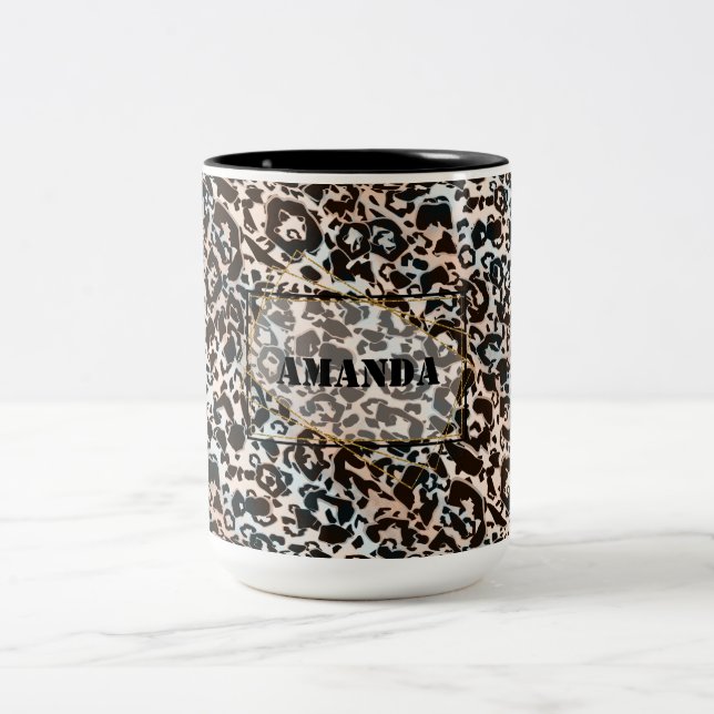 leopard, fashionable, spotted, brown,personalized Two-Tone coffee mug (Center)