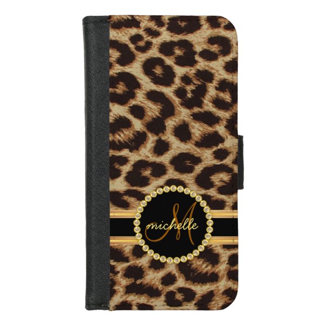 Leopard Faux Gold Bling Ladies Monogram iPhone Wallet Case (Front)
