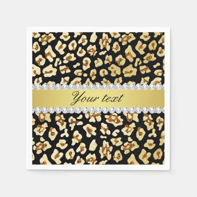 Leopard Faux Gold Glitter and Foil Black Paper Napkins (Front)