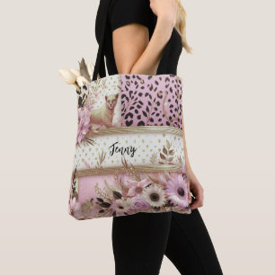 Leopard Floral Pink Gold Personalized Tote Bag
