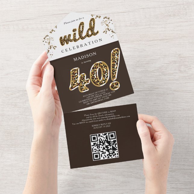 Leopard Foil Balloon 40th Birthday QR Code RSVP All In One Invitation (Tearaway)