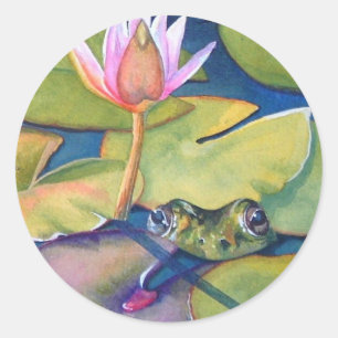 Leopard Frog Lily Pads Lotus Flower Watercolor Art Classic Round Sticker