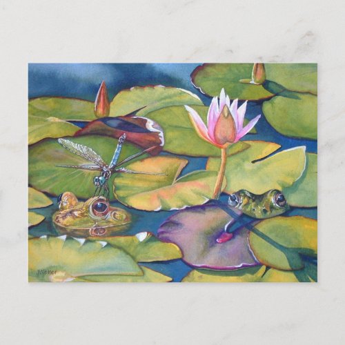 Leopard Frogs Lily Pads Pond Watercolor Art Postcard