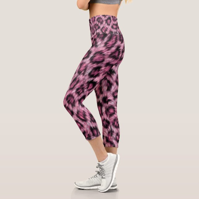 Leopard Fur Animal Print Fun Pattern Fun Pink Capri Leggings (Left)