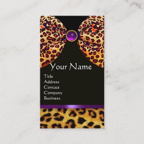 LEOPARD FUR RIBBON PURPLE BLACK GEMSTONE MONOGRAM BUSINESS CARD