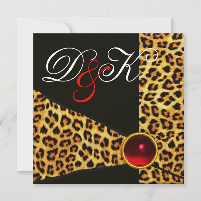 LEOPARD FUR RIBBON,RED RUBY GEMSTONE MONOGRAM INVITATION (Front)