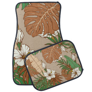 Leopard fur tropical leaves hibiscus flowers seaml car floor mat