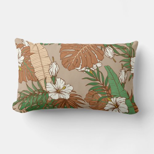 Leopard fur tropical leaves hibiscus flowers seaml lumbar pillow