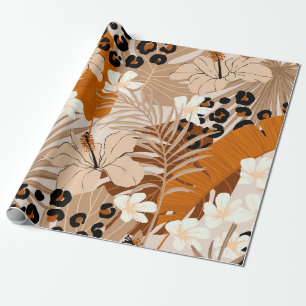 Leopard fur tropical leaves hibiscus flowers seaml wrapping paper