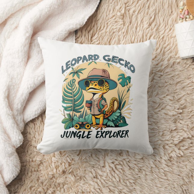 Leopard Gecko Jungle Explorer : Wild Adventure Throw Pillow (Blanket)