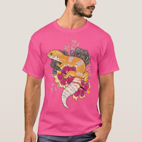 Leopard Gecko with Succulents and Hibiscus T_Shirt