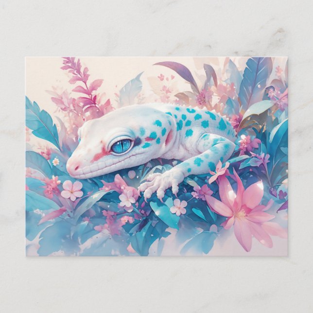 Leopard Gecko with Teal Spot and Tropical Flower Postcard (Front)