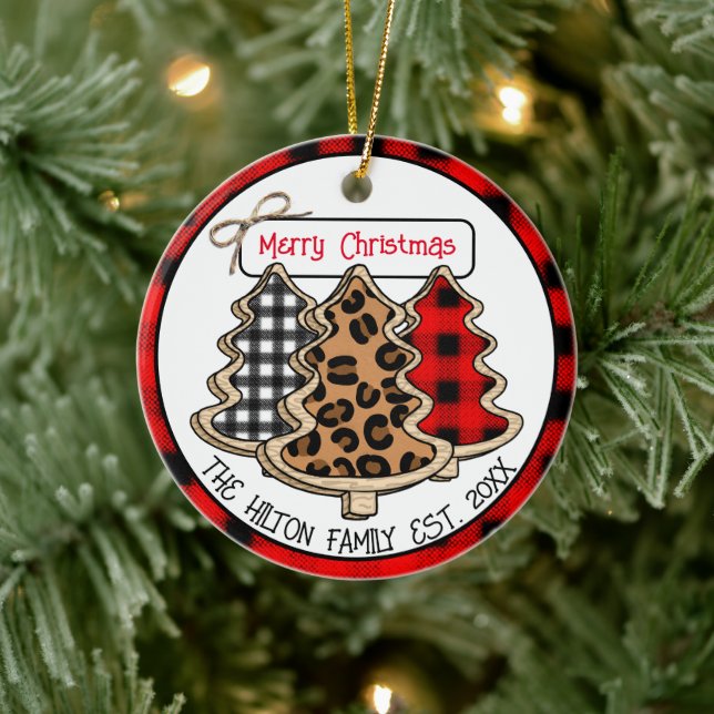 Leopard, Gingham and Buffalo Plaid Christmas Trees Ceramic Ornament (Tree)