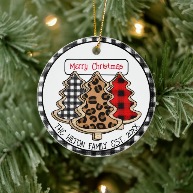 Leopard, Gingham and Buffalo Plaid Christmas Trees Ceramic Ornament (Tree)