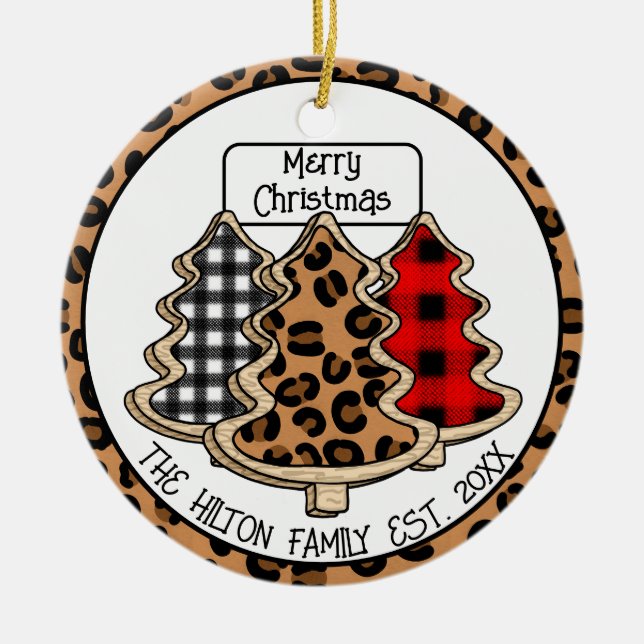 Leopard, Gingham and Buffalo Plaid Christmas Trees Ceramic Ornament (Front)