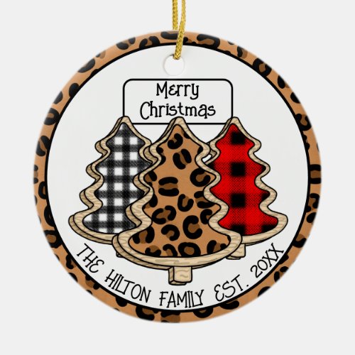 Leopard Gingham and Buffalo Plaid Christmas Trees Ceramic Ornament