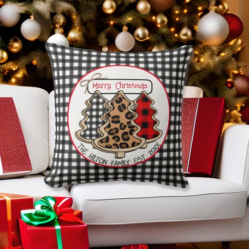 Leopard Gingham and Buffalo Plaid Christmas Trees Throw Pillow