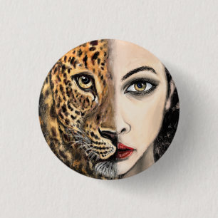 Leopard Girl Face Fantasy Painting Art Wild Animal Button