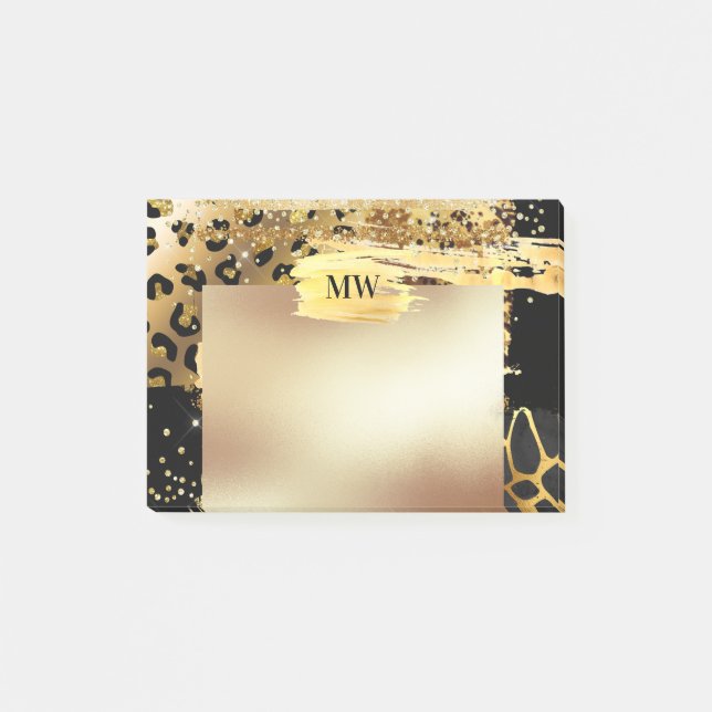 Leopard glam gold glitter animal print monogram post-it notes (Front)