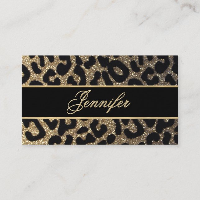 Leopard Glitter and Black Ribbon Business Card (Front)