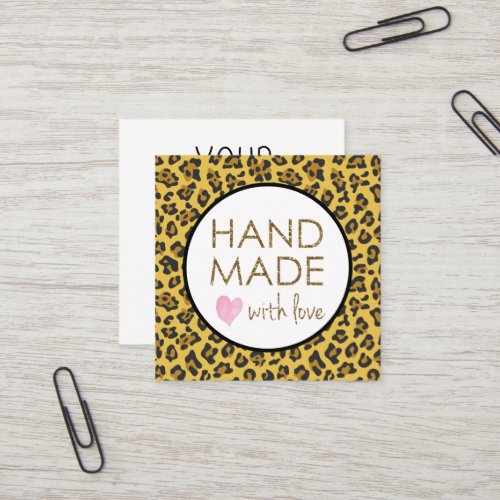 Leopard Glitter Handmade with Love Square Business Card