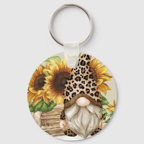 Leopard Gnome Sunflowers Keychain