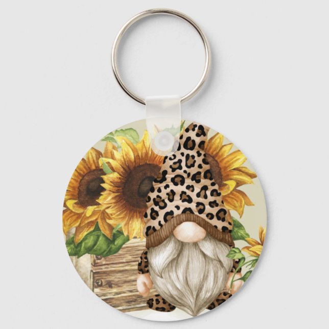 Leopard Gnome Sunflowers Keychain (Front)