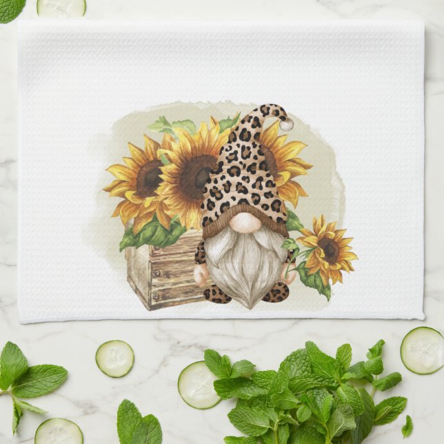 Leopard Gnome Sunflowers Kitchen Towel (Folded)