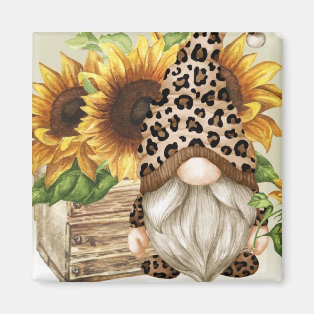 Leopard Gnome Sunflowers Magnet (Front)
